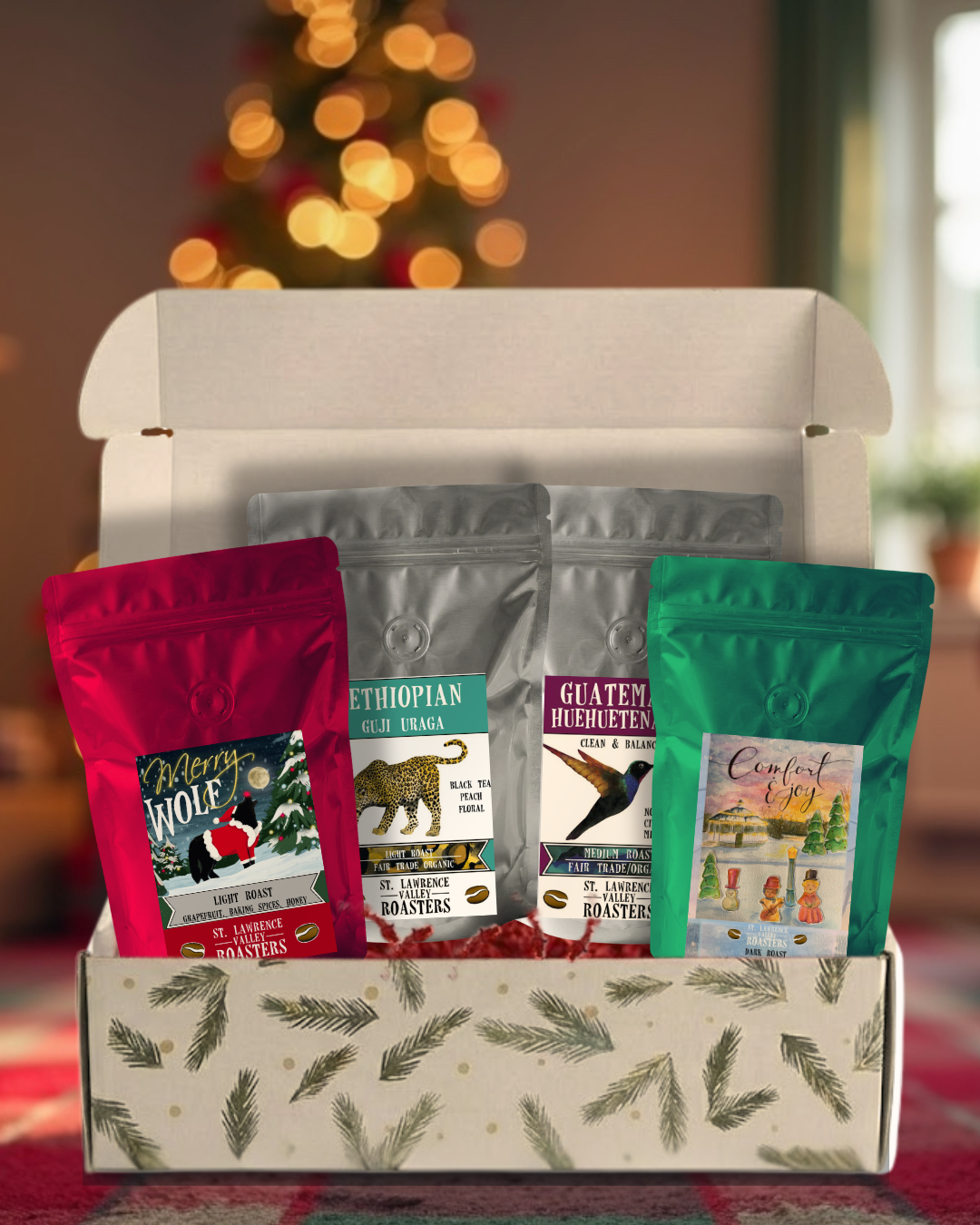 Box of coffee bags with Christmas tree in the background