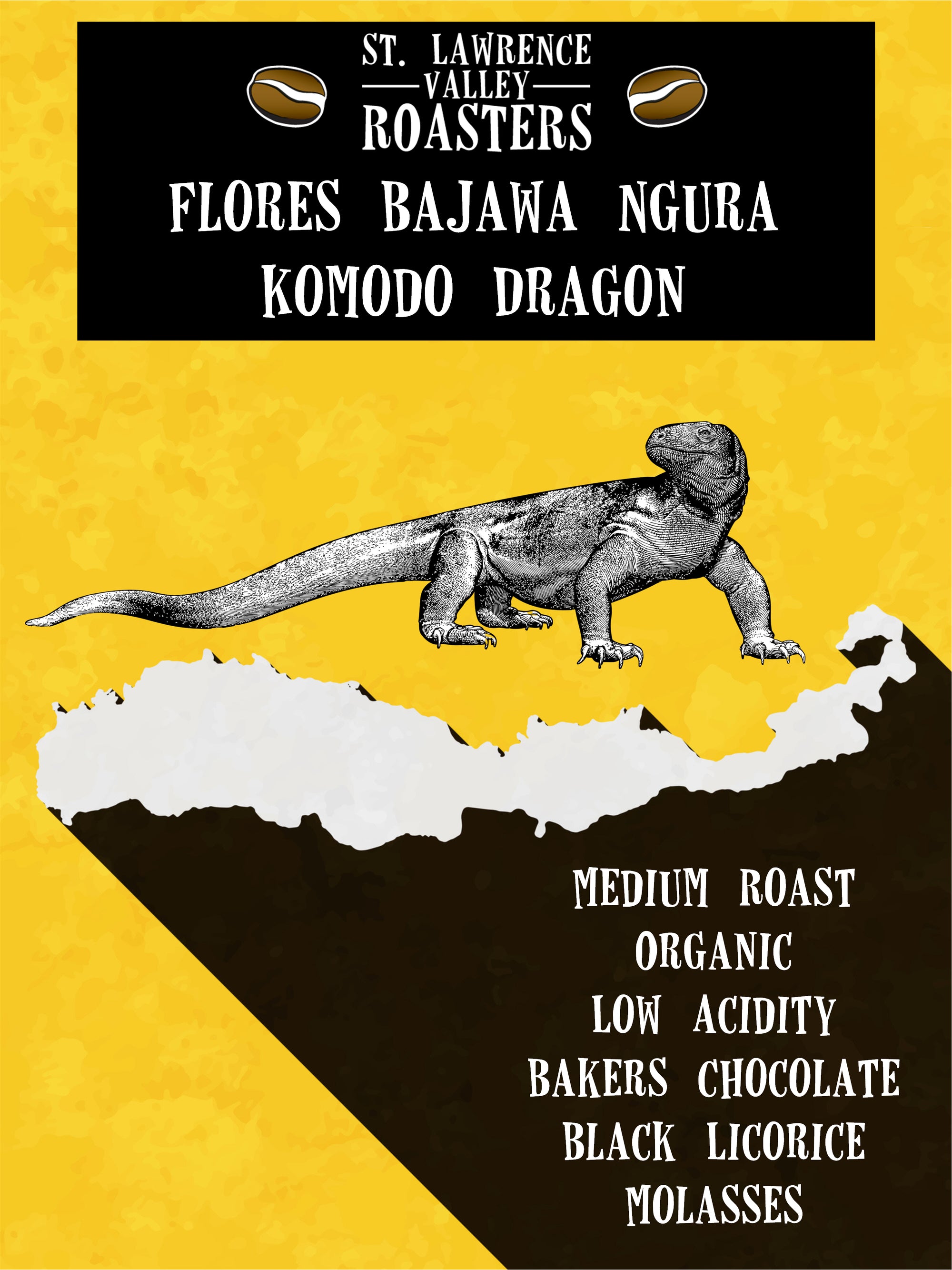 St. Lawrence Valley Roasters coffee label with Komodo Dragon illustration on a yellow and black background