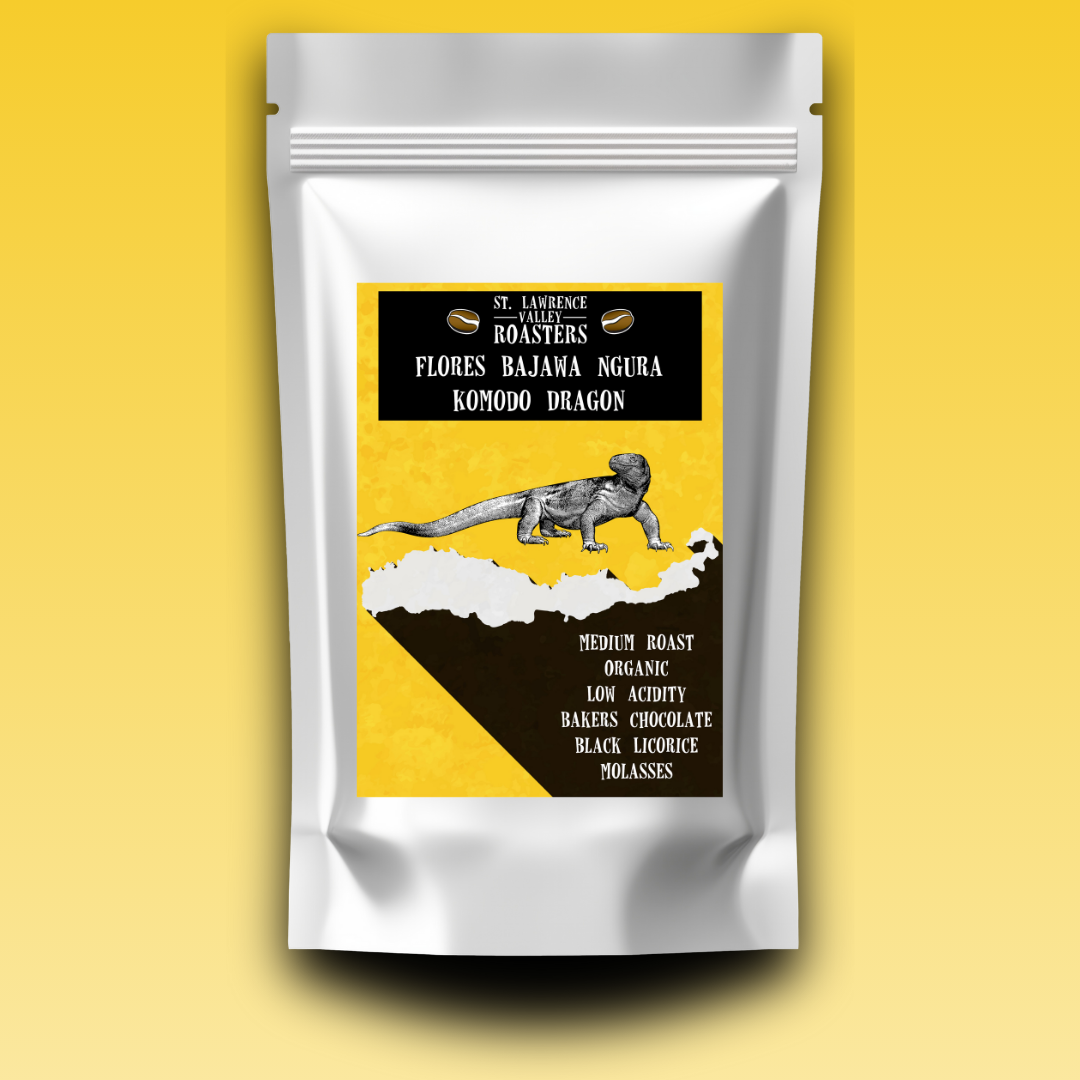 Image of a foil bag of Flores Bajawa Ngura coffee on a yellow background