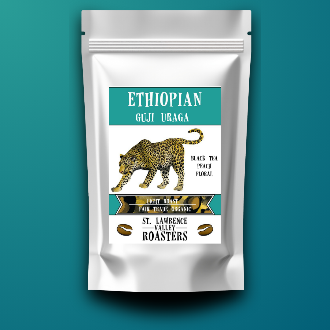 Coffee package with a leopard illustration on a teal background