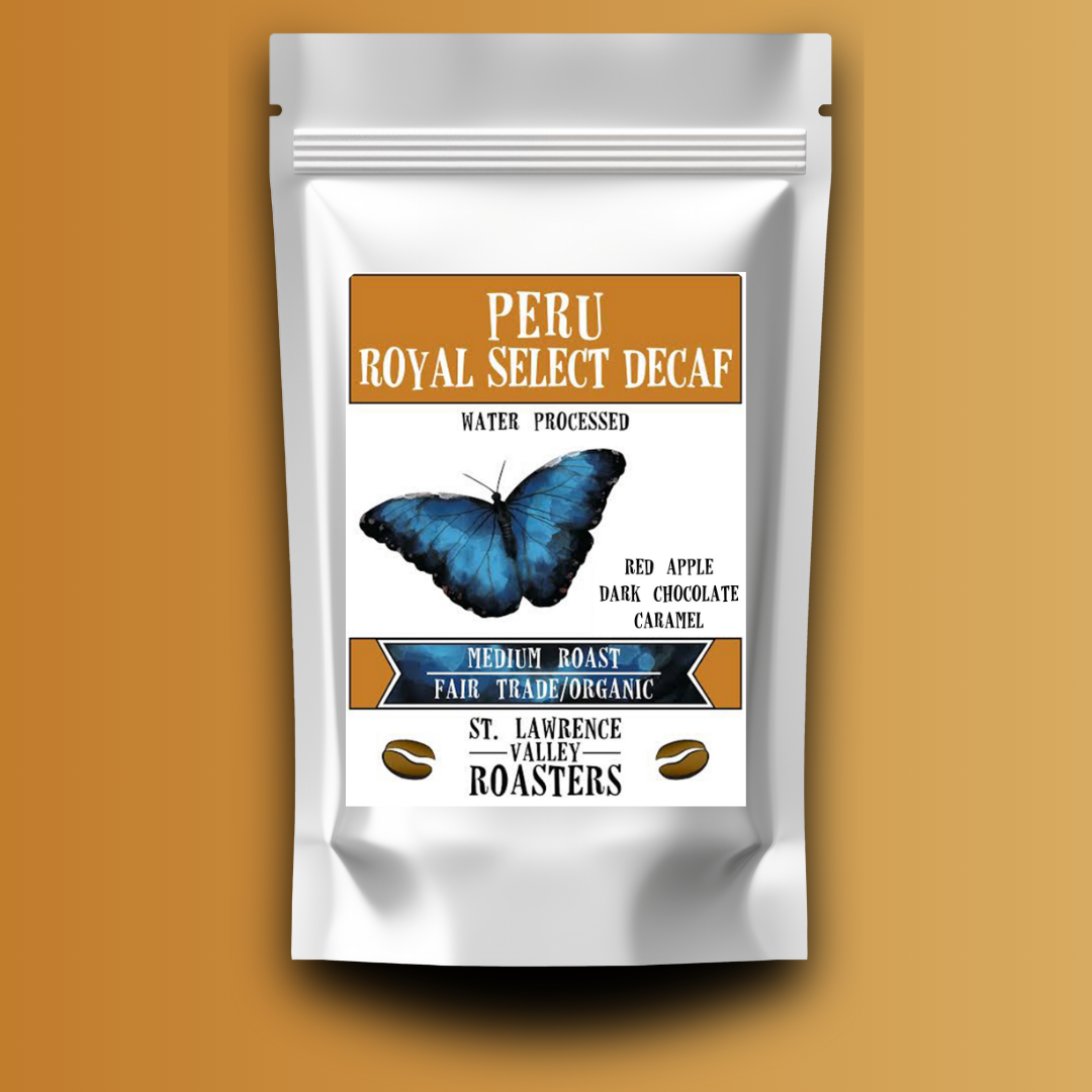 Coffee package with butterfly graphic on an orange background