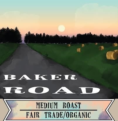 Baker road blend logo. Medium roast. Image of road at sunset with hay bales.