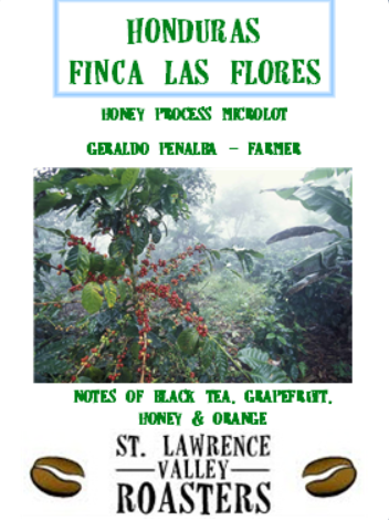 Finca Law Flores logo. Farmer: Geraldo Penalba. Honey process. Notes of black tea, grapefruit, honey & orange.