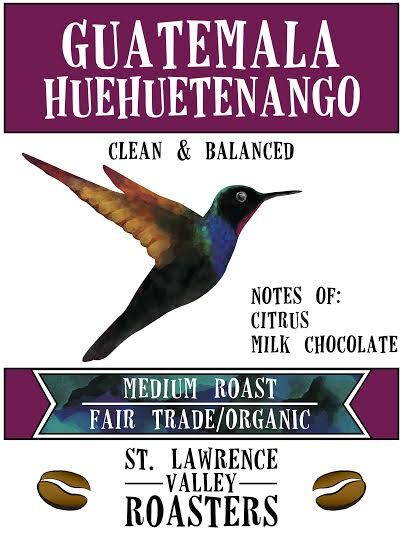 huehuetenango logo. Clean and balanced, notes of citrus & milk chocolate. Image of a hummingbird.