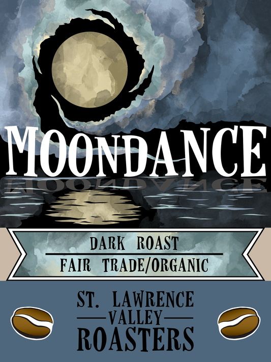 Moondance dark roast logo. Image of a moody moonrise over a lake.