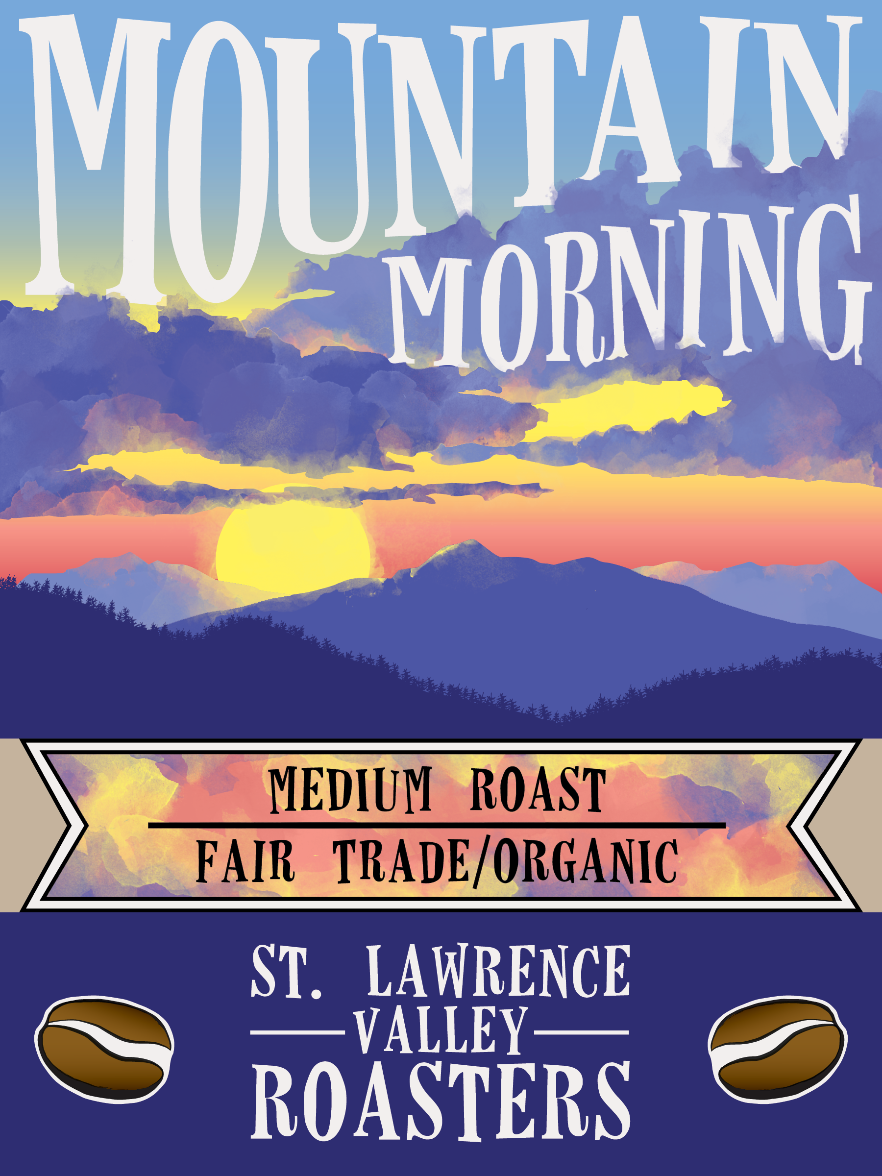 Mountain morning logo. Medium roast. Image of sunrise over high peaks.