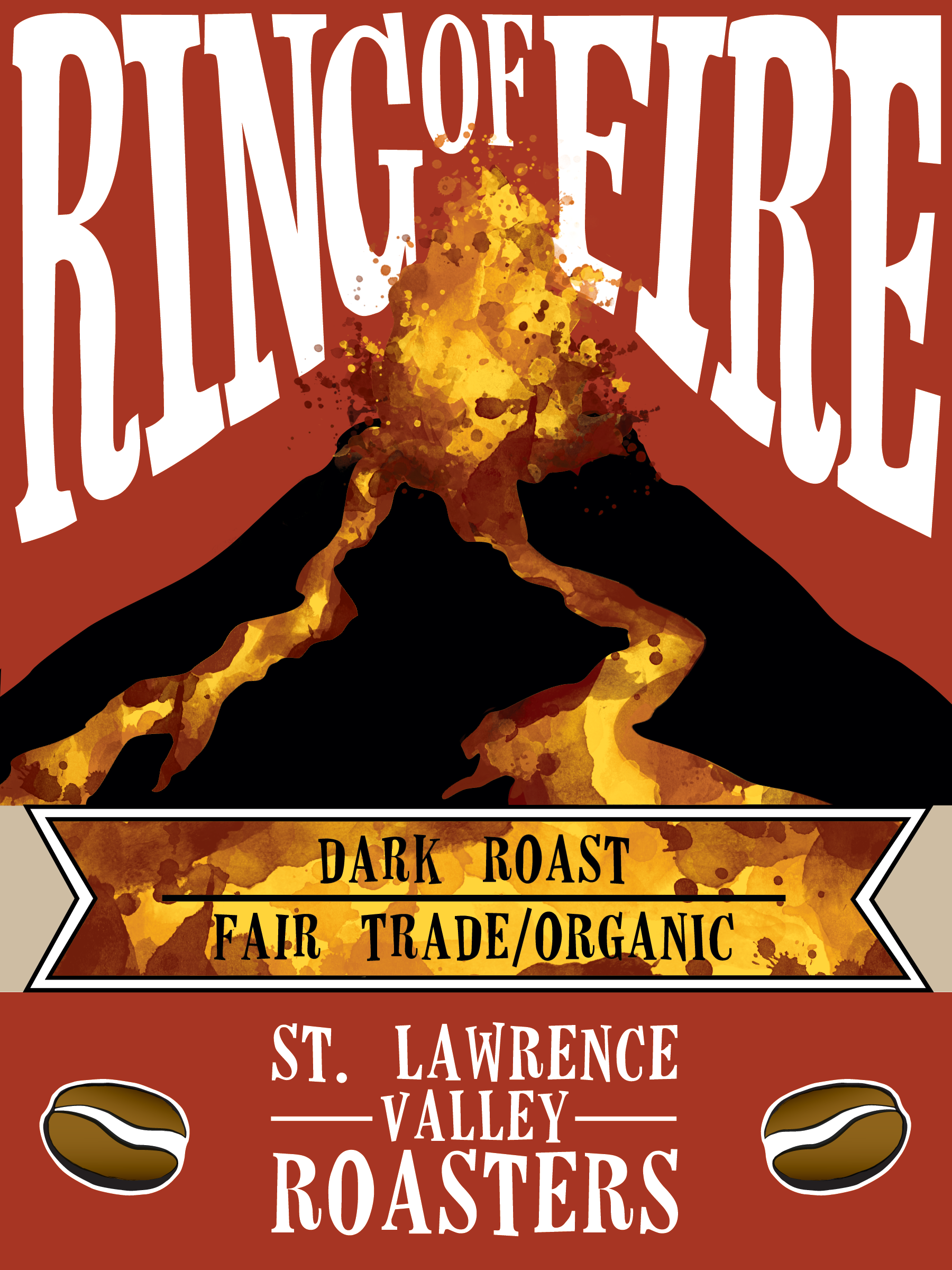 Ring of Fire Logo. Image of erupting volcano. Dark roast.